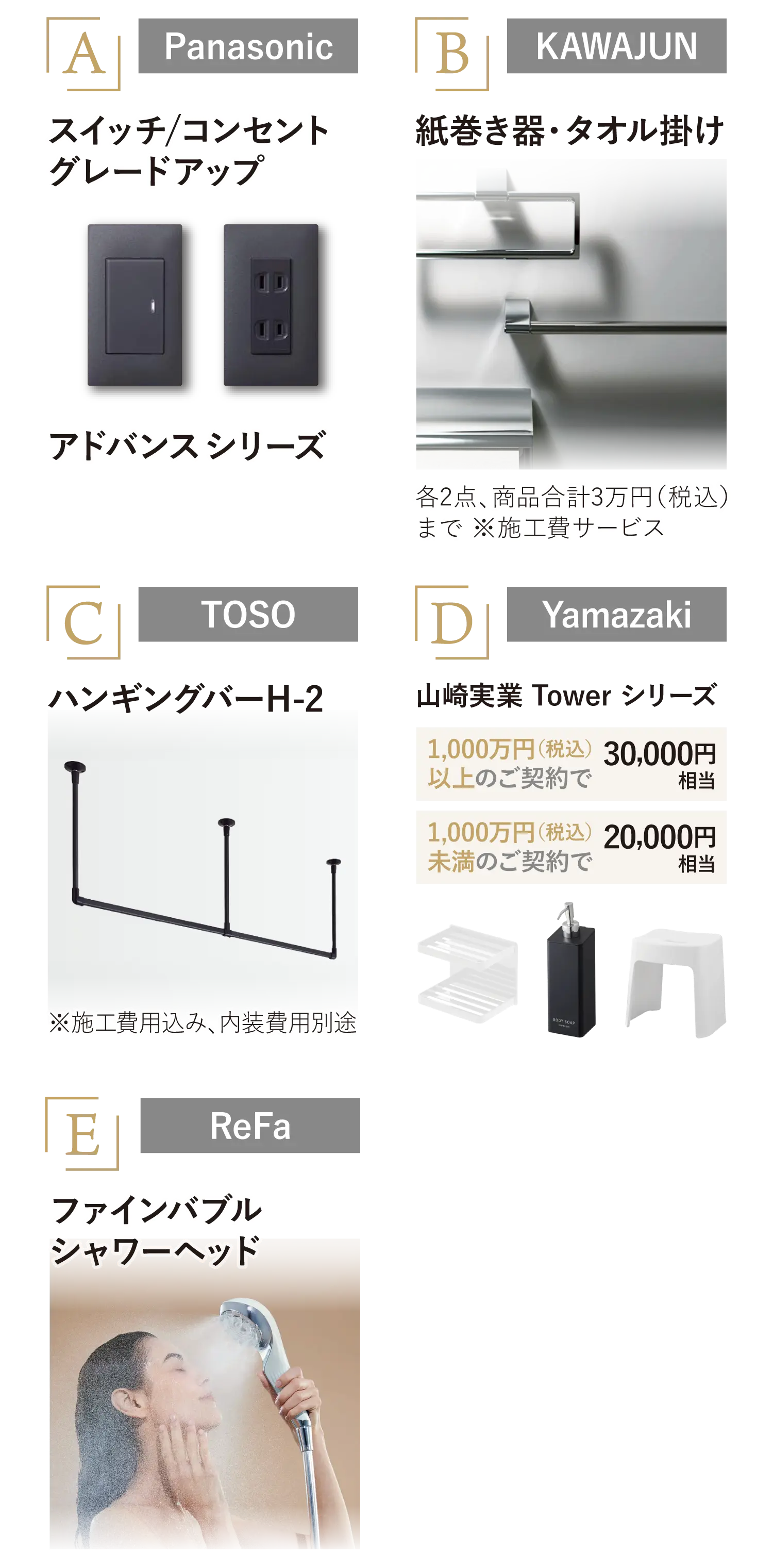 選べるプレゼント一覧。A: Panasonic アドバンスシリーズ スイッチ・コンセント グレードアップ。B: KAWAJUN 紙巻器・タオル掛け 施工費サービス。C: TOSO ハンギングバー H-2。D: Yamazaki tower シリーズ、契約金額に応じて2万円または3万円相当。E: ReFa ファインバブル シャワーヘッド。