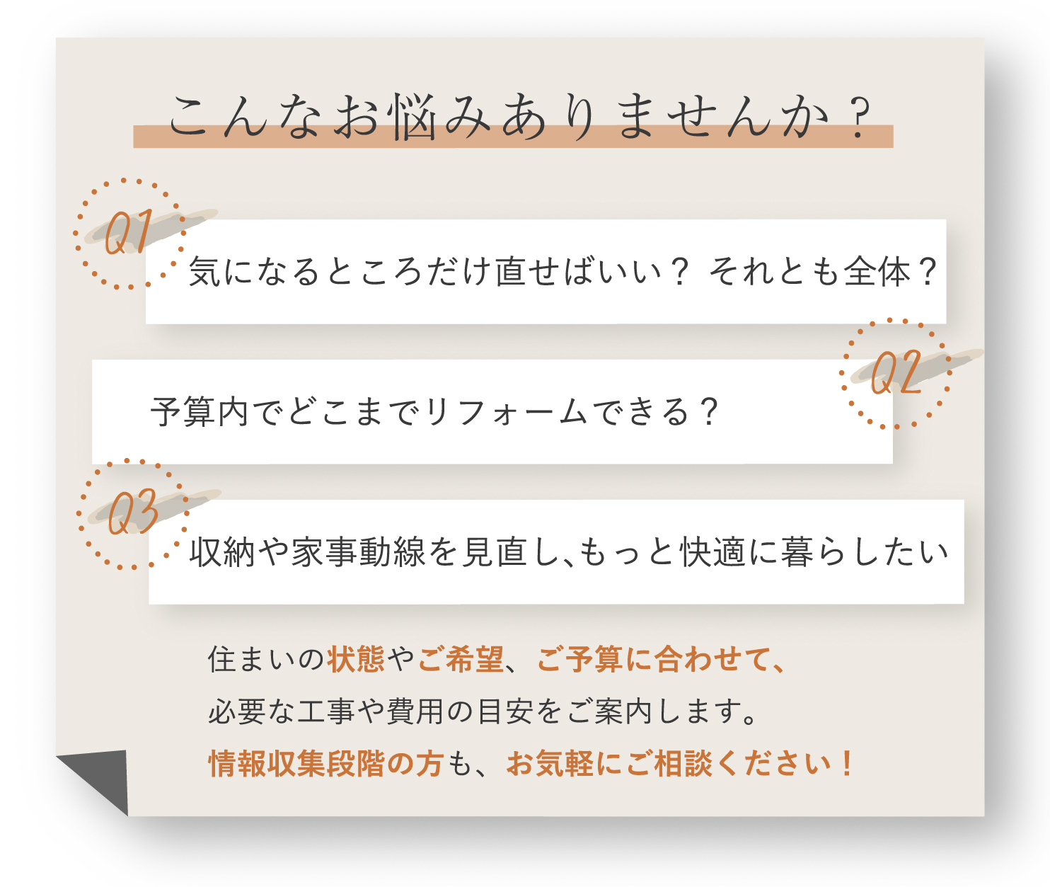 キッチンや水まわり、間取りの変更など、リフォームでよくあるお悩みの例